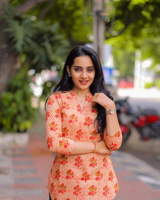 Halfwhite Multicolor Blossom Linen Short Kurti - Casual Elegance