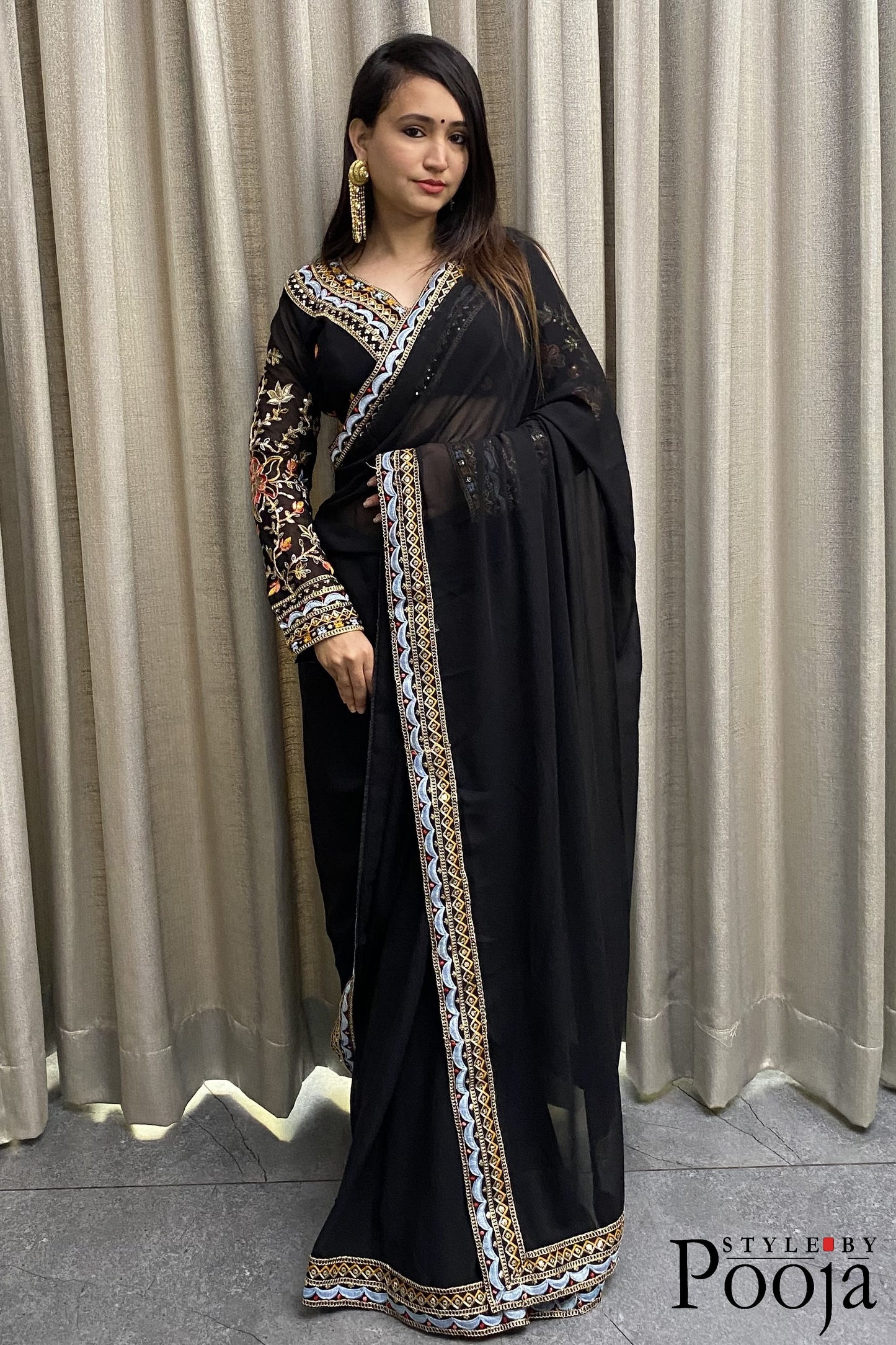 Heavy Blouse Work Stylish Black Party Wear Saree