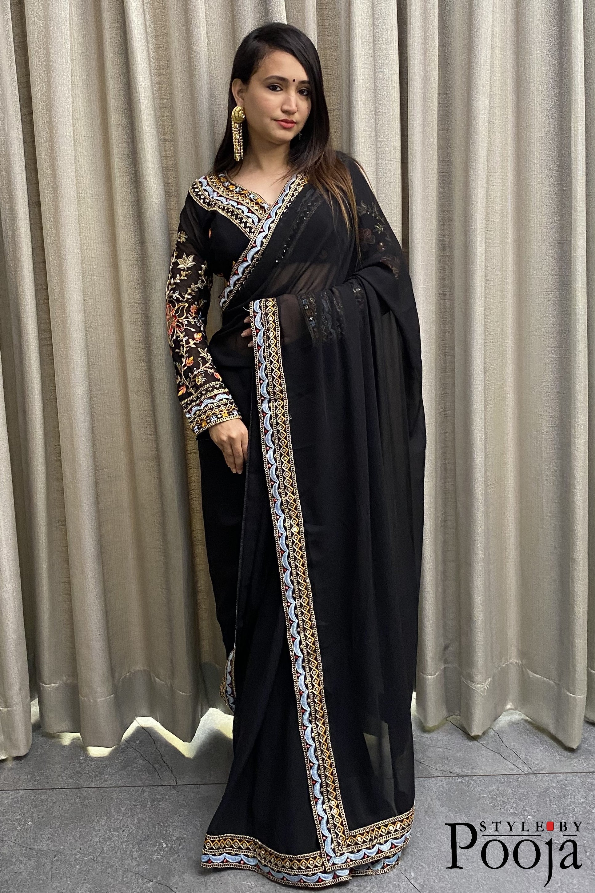 Heavy Blouse Work Stylish Black Party Wear Saree