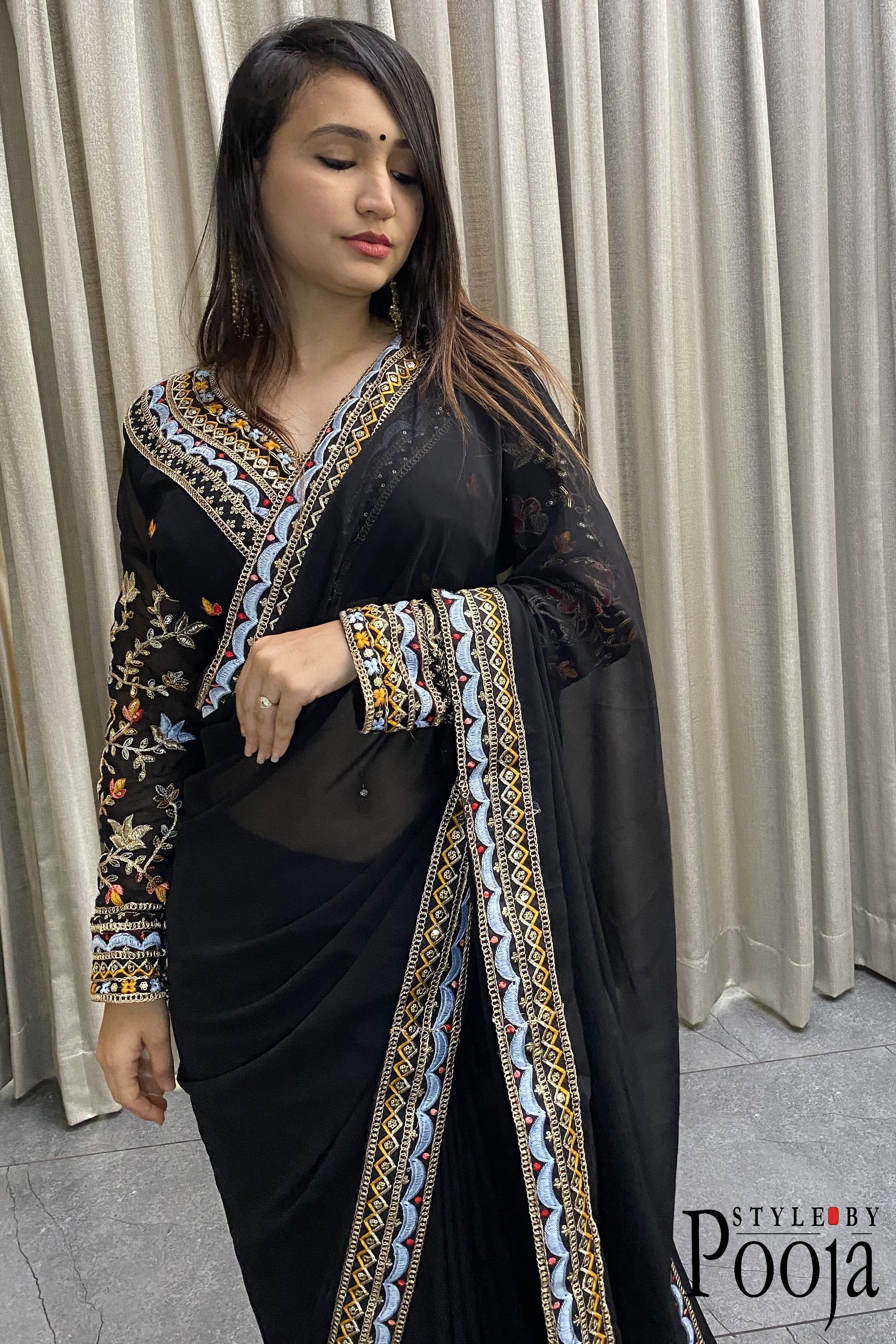 Heavy Blouse Work Stylish Black Party Wear Saree