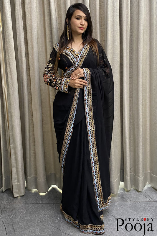 Heavy Blouse Work Stylish Black Party Wear Saree