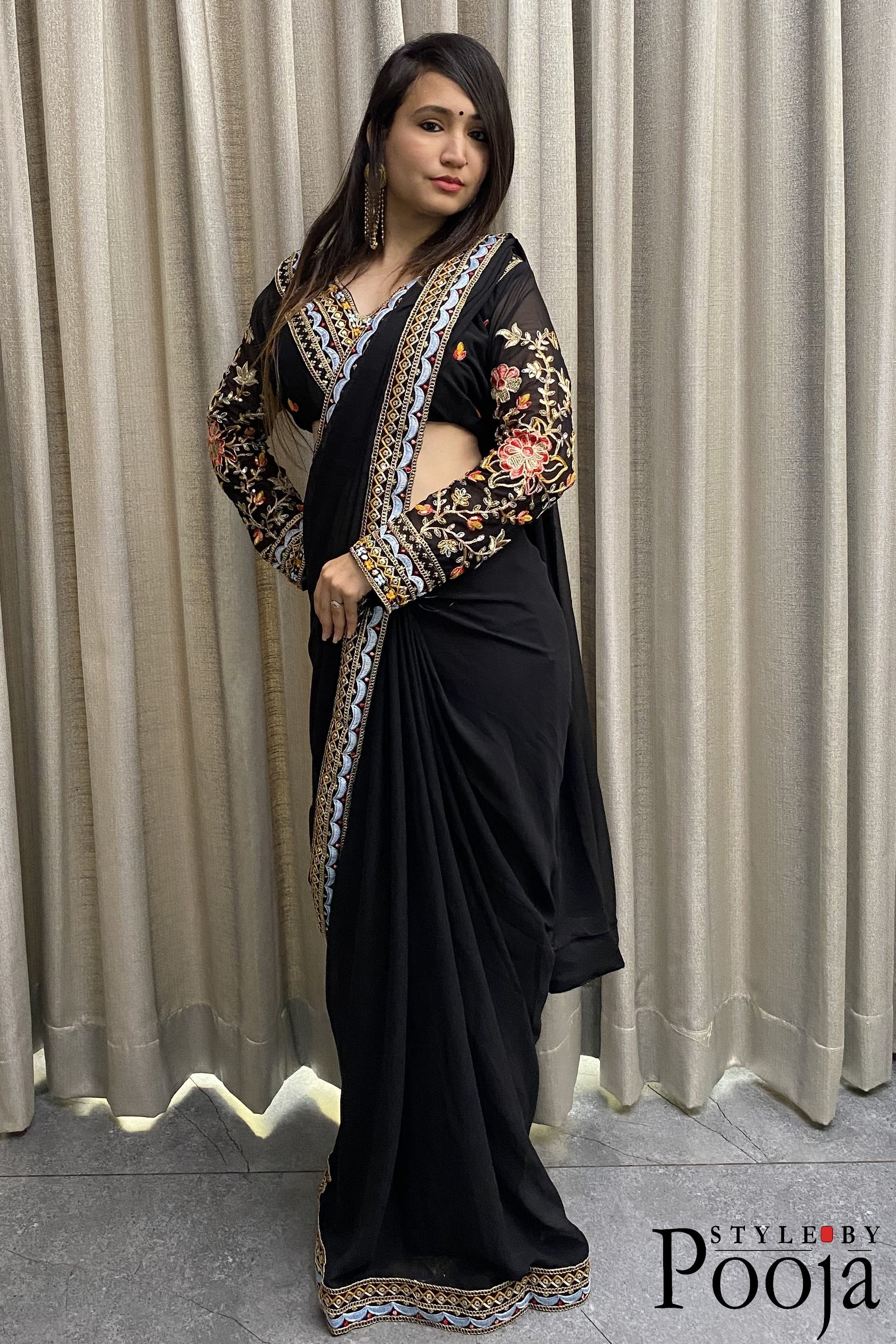 Heavy Blouse Work Stylish Black Party Wear Saree