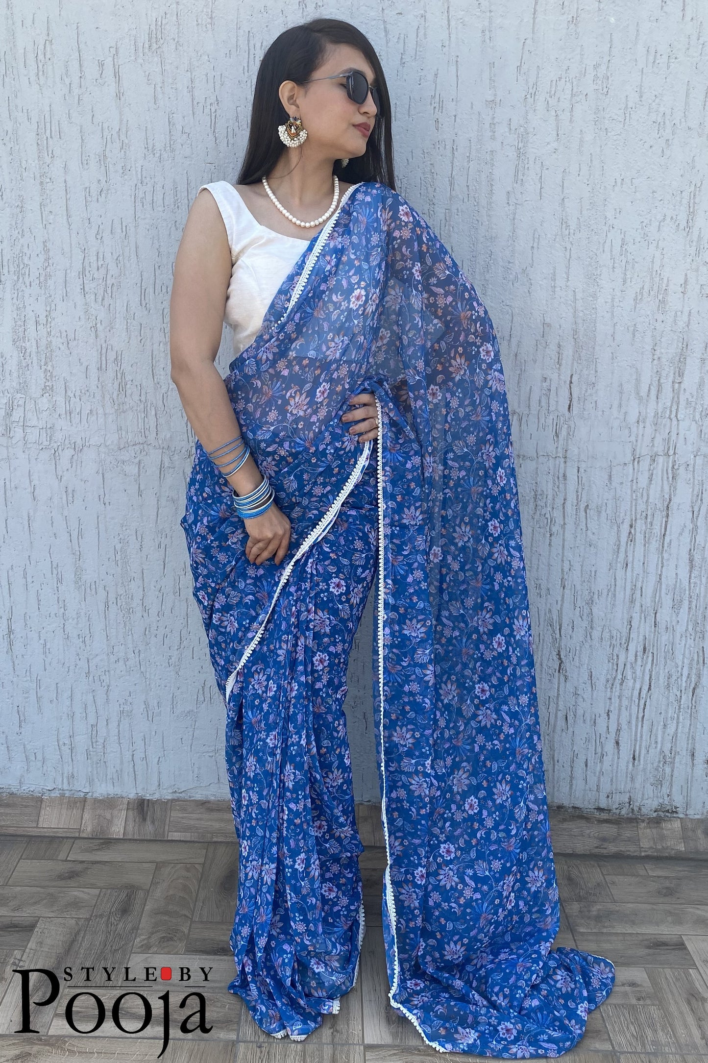 1 Min Ready to Wear Blue & White Digital Print Georgette Saree