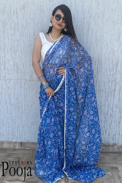 1 Min Ready to Wear Blue & White Digital Print Georgette Saree