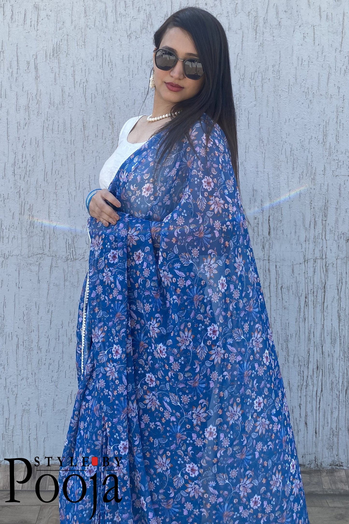 1 Min Ready to Wear Blue & White Digital Print Georgette Saree