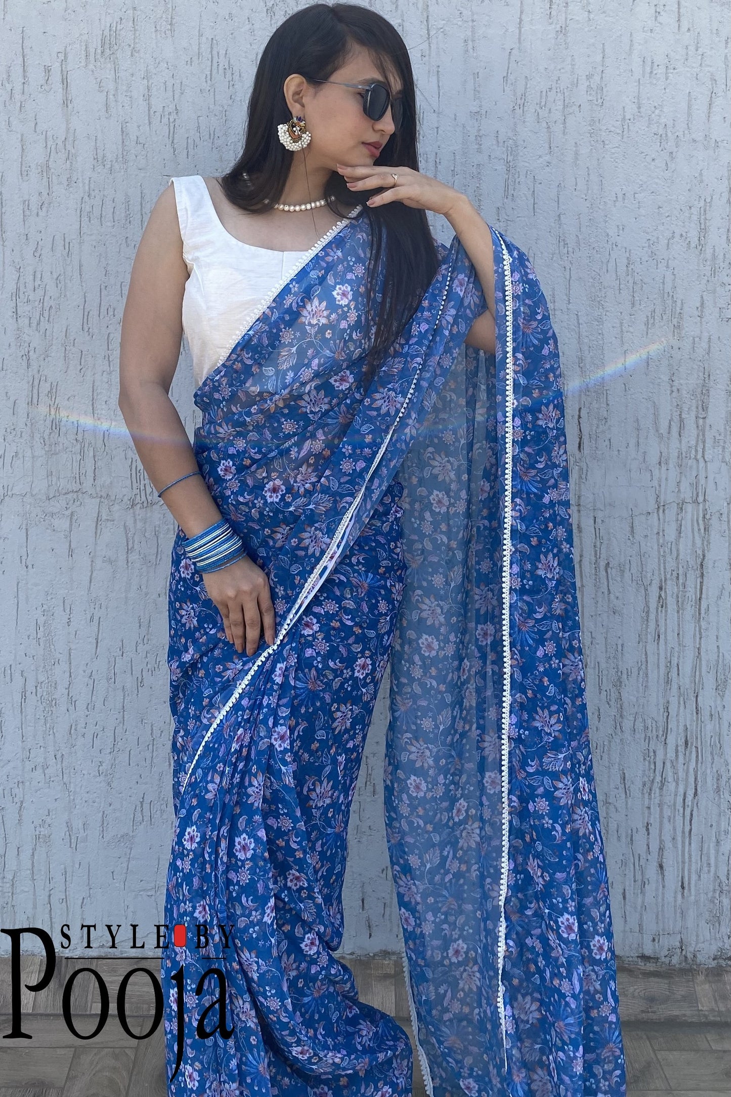 1 Min Ready to Wear Blue & White Digital Print Georgette Saree