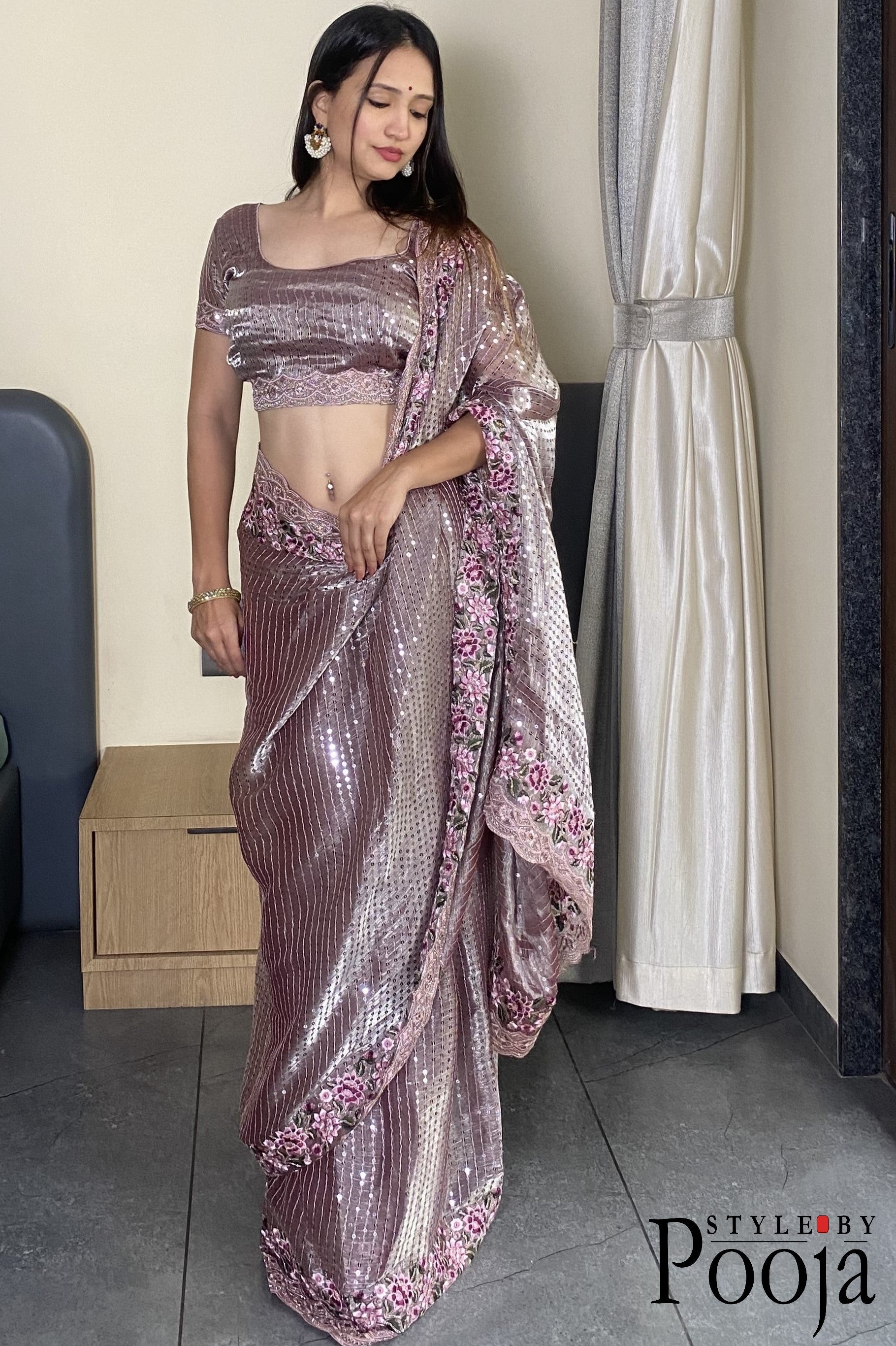 Pink Color Heavy Thread Zari With Coding Sequins Work Designer Saree