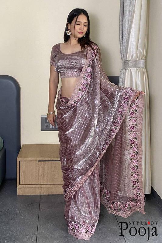 Pink Color Heavy Thread Zari With Coding Sequins Work Designer Saree