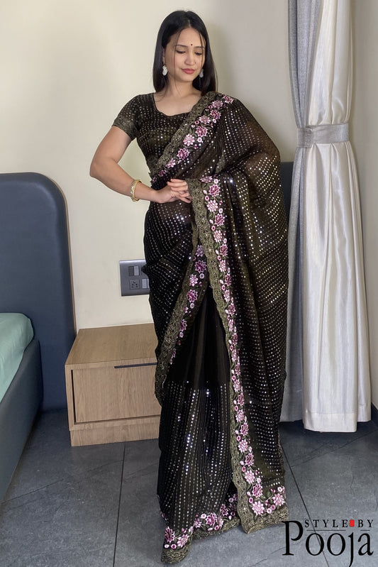 Mehandi Jimmy Choo Heavy Premium Party Wear Saree with Heavy Work