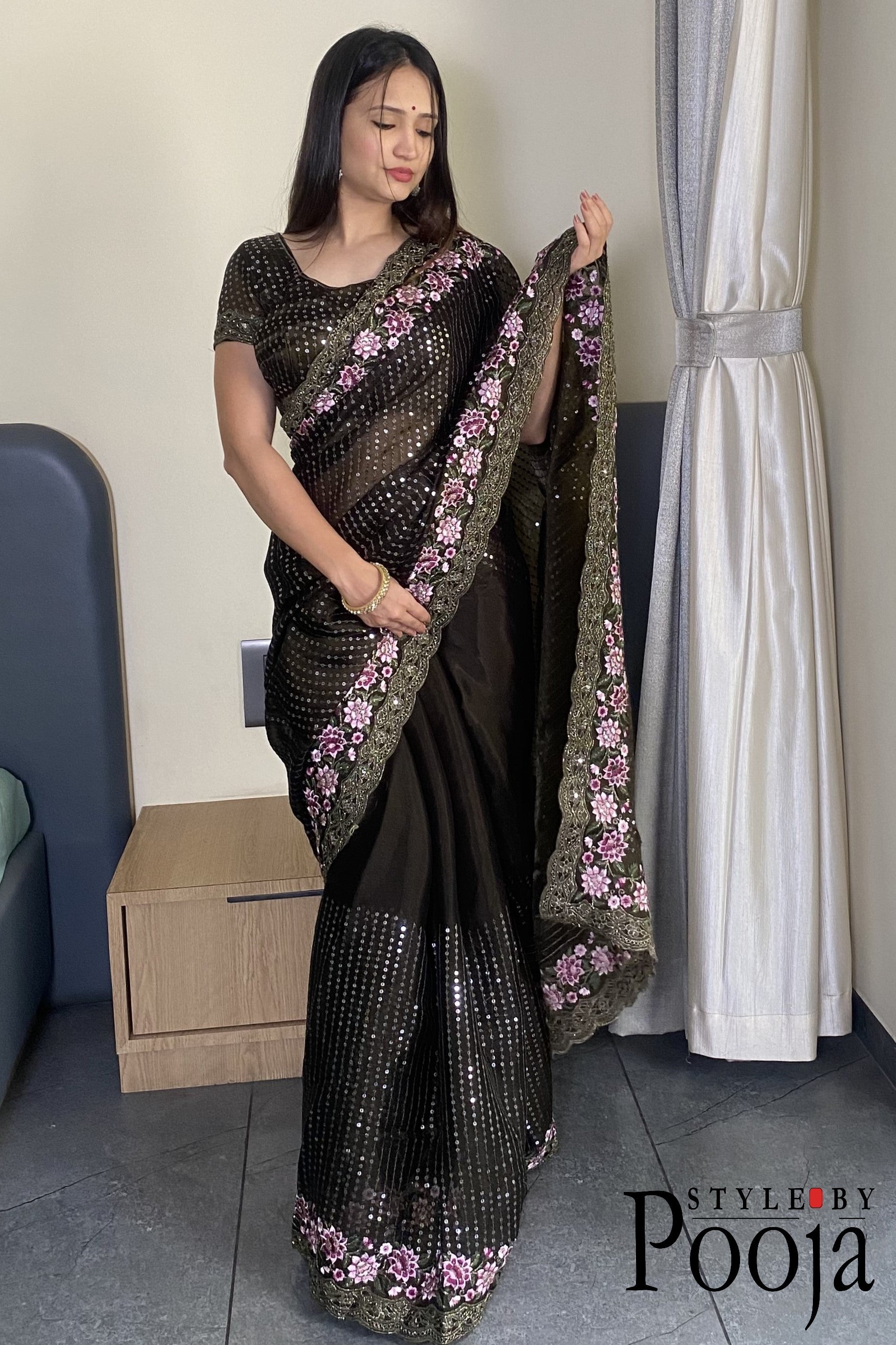 Mehandi Jimmy Choo Heavy Premium Party Wear Saree with Heavy Work