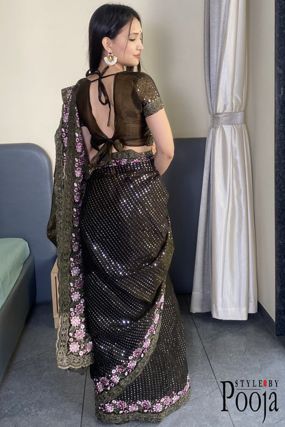 Mehandi Jimmy Choo Heavy Premium Party Wear Saree with Heavy Work