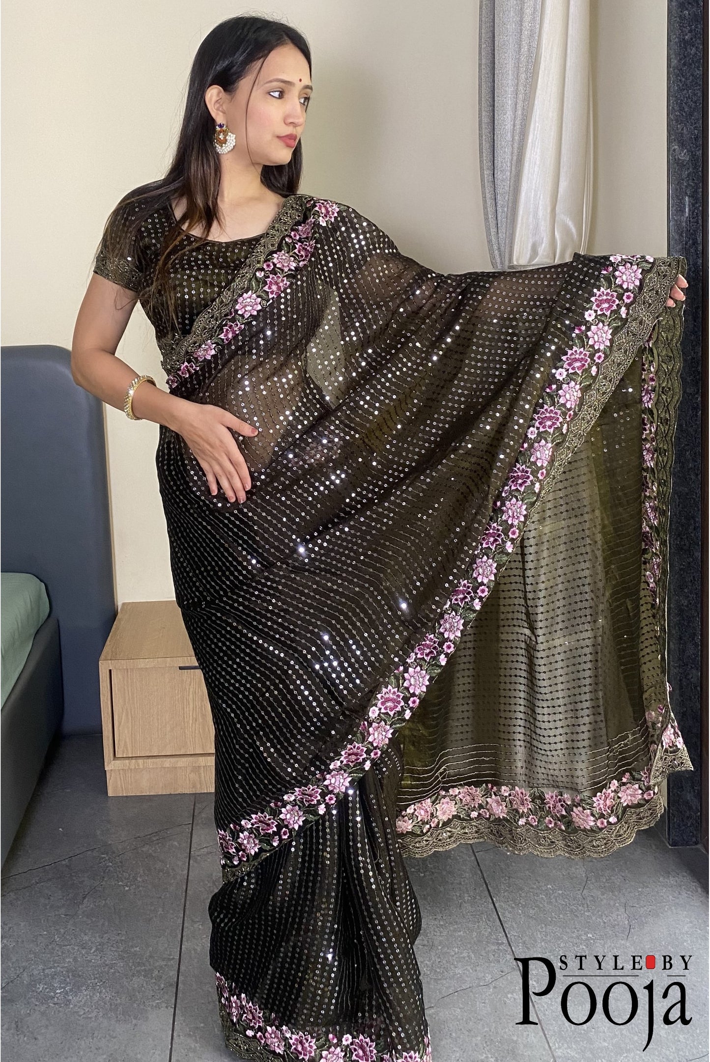 Mehandi Jimmy Choo Heavy Premium Party Wear Saree with Heavy Work