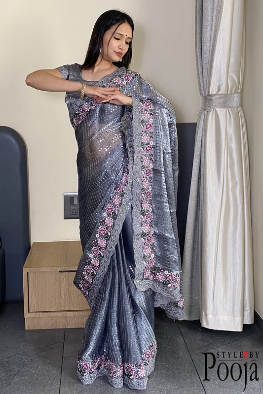 Grey Jimmy Choo Heavy Premium Party Wear Saree with Heavy Work