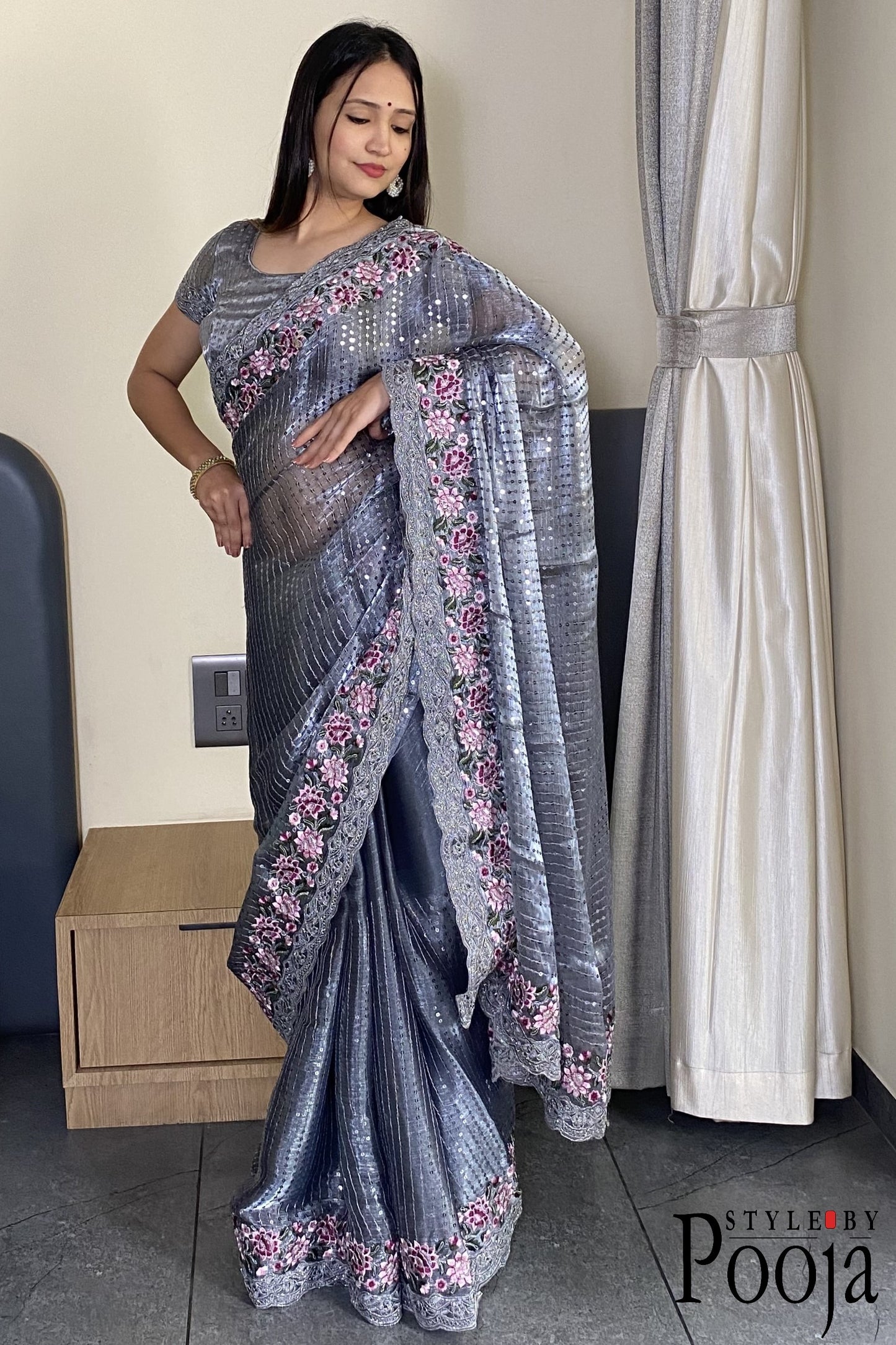Grey Jimmy Choo Heavy Premium Party Wear Saree with Heavy Work
