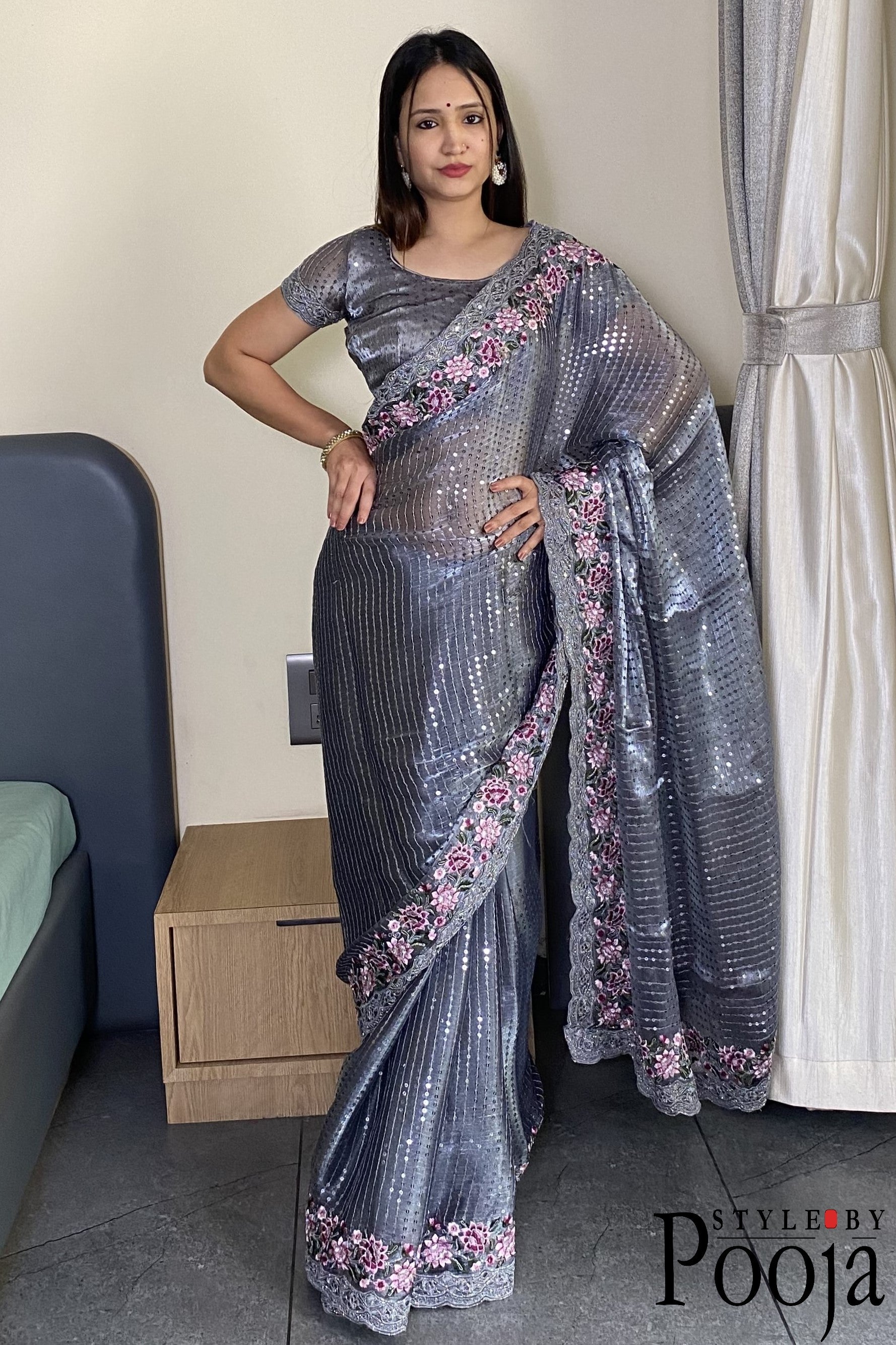 Grey Jimmy Choo Heavy Premium Party Wear Saree with Heavy Work