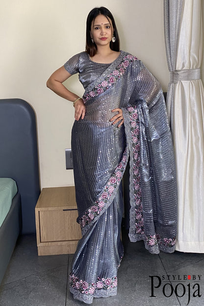 Grey Jimmy Choo Heavy Premium Party Wear Saree with Heavy Work