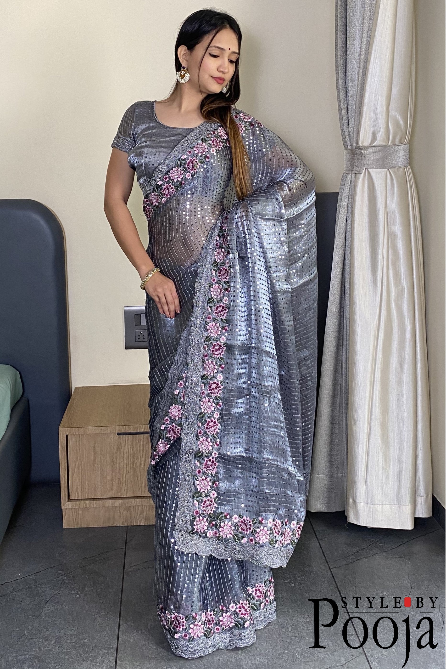 Grey Jimmy Choo Heavy Premium Party Wear Saree with Heavy Work