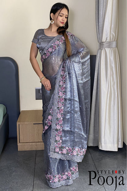 Grey Jimmy Choo Heavy Premium Party Wear Saree with Heavy Work