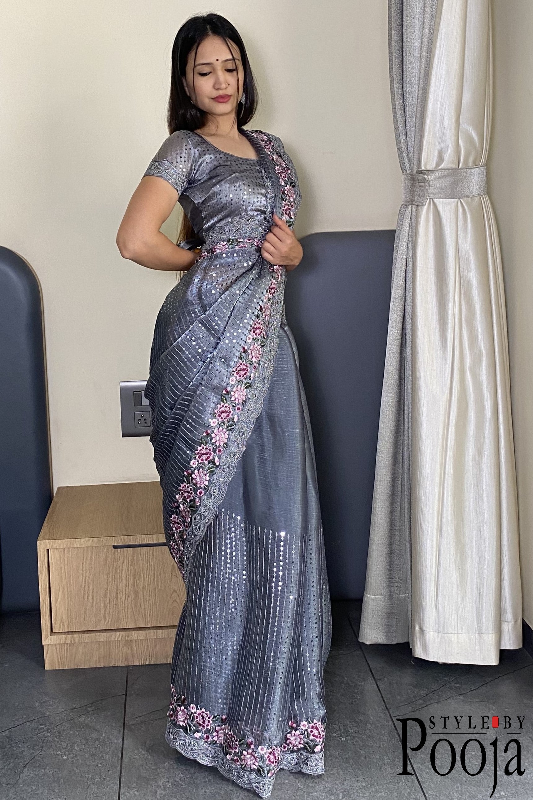 Grey Jimmy Choo Heavy Premium Party Wear Saree with Heavy Work