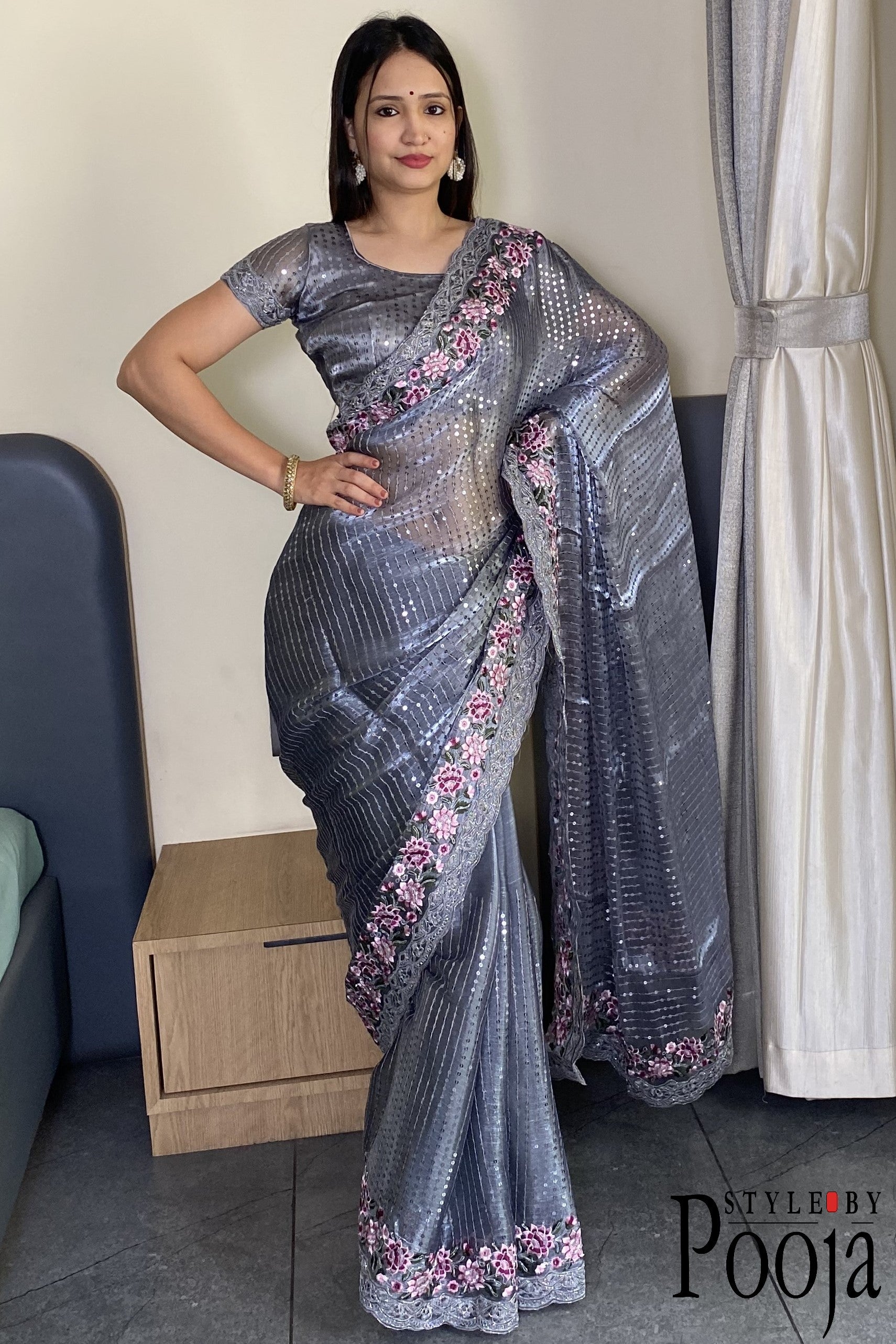 Grey Jimmy Choo Heavy Premium Party Wear Saree with Heavy Work