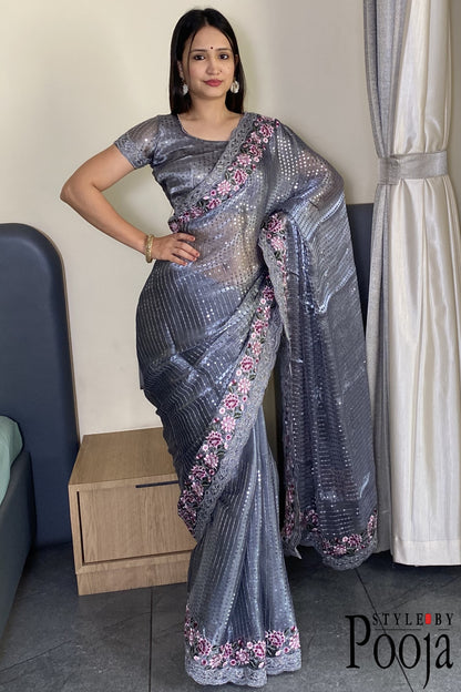 Grey Jimmy Choo Heavy Premium Party Wear Saree with Heavy Work