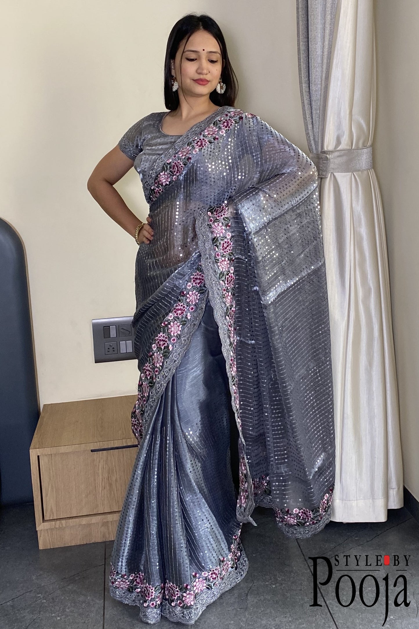 Grey Jimmy Choo Heavy Premium Party Wear Saree with Heavy Work