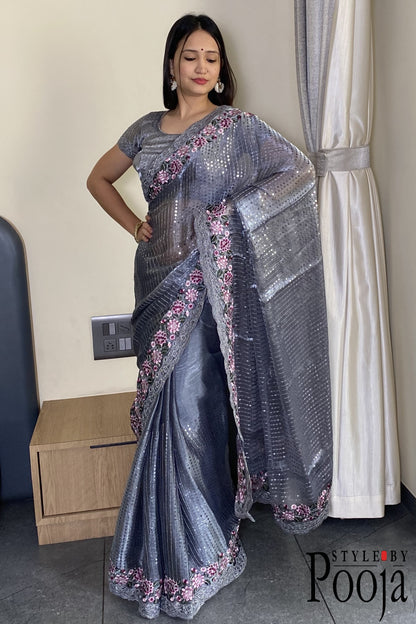 Grey Jimmy Choo Heavy Premium Party Wear Saree with Heavy Work