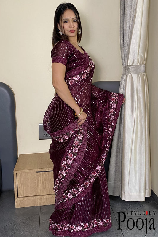 Wine Jimmy Choo Heavy Premium Party Wear Saree with Heavy Work