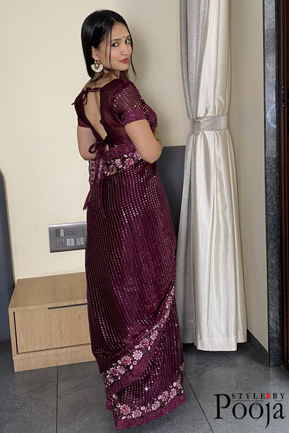 Wine Jimmy Choo Heavy Premium Party Wear Saree with Heavy Work