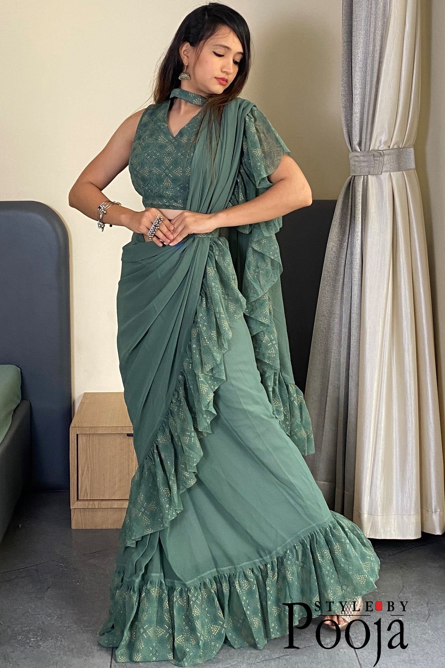 1 Min Ready to Wear Ruffle Saree
