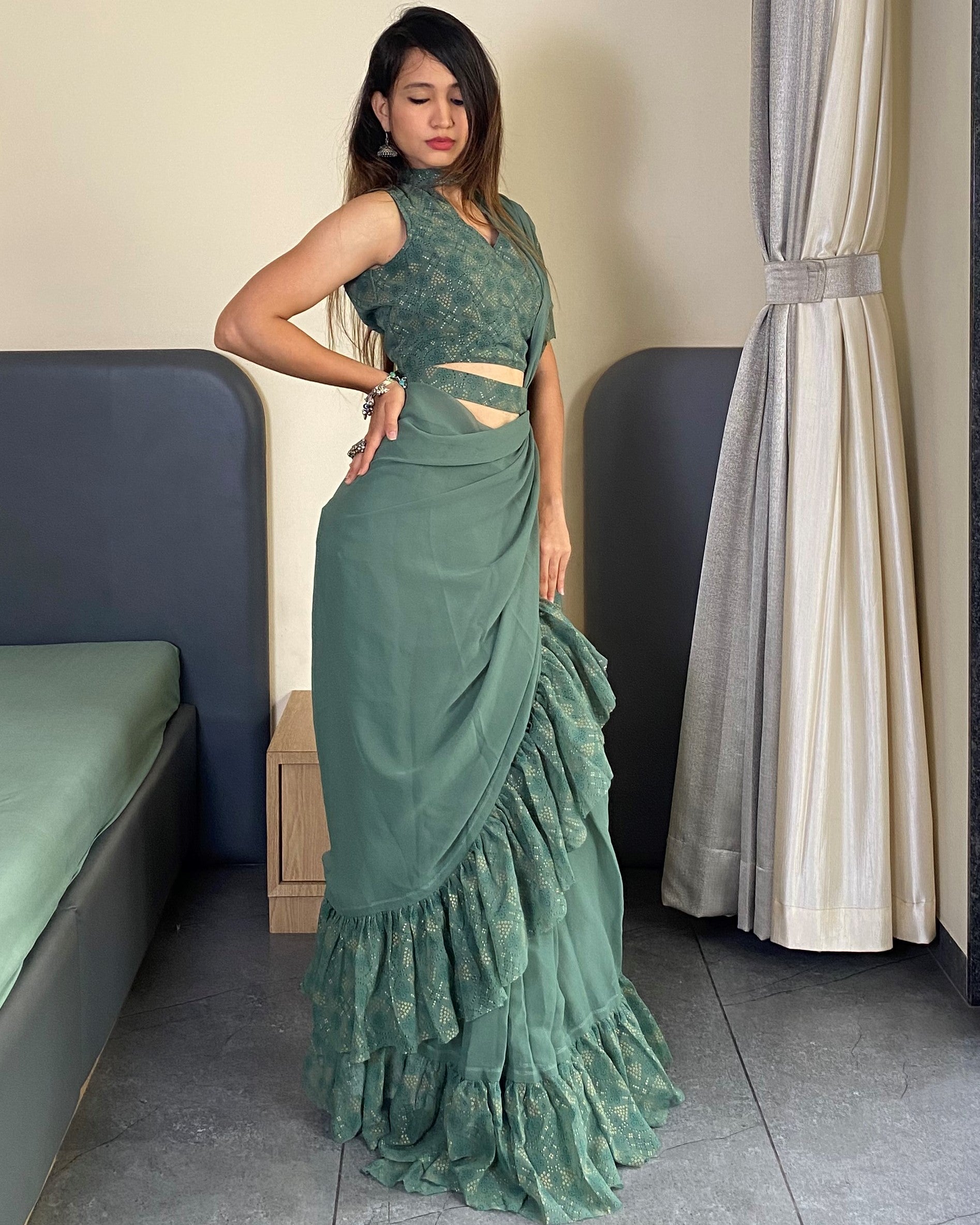 1 Min Ready to Wear Ruffle Saree