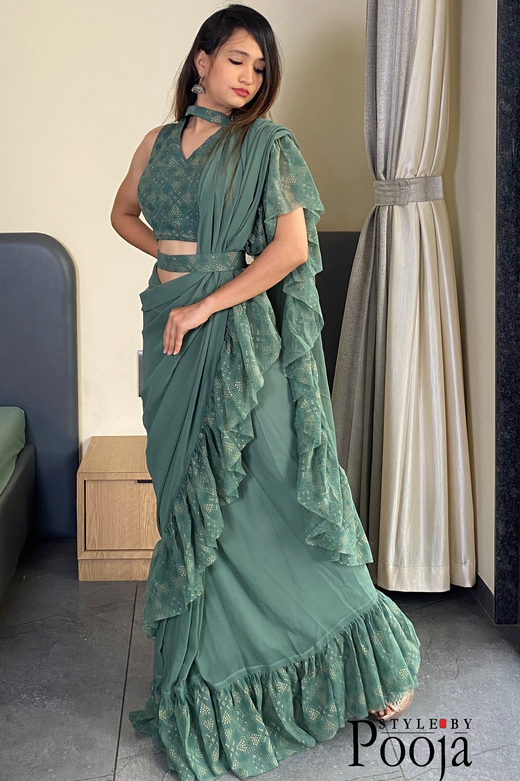 1 Min Ready to Wear Ruffle Saree