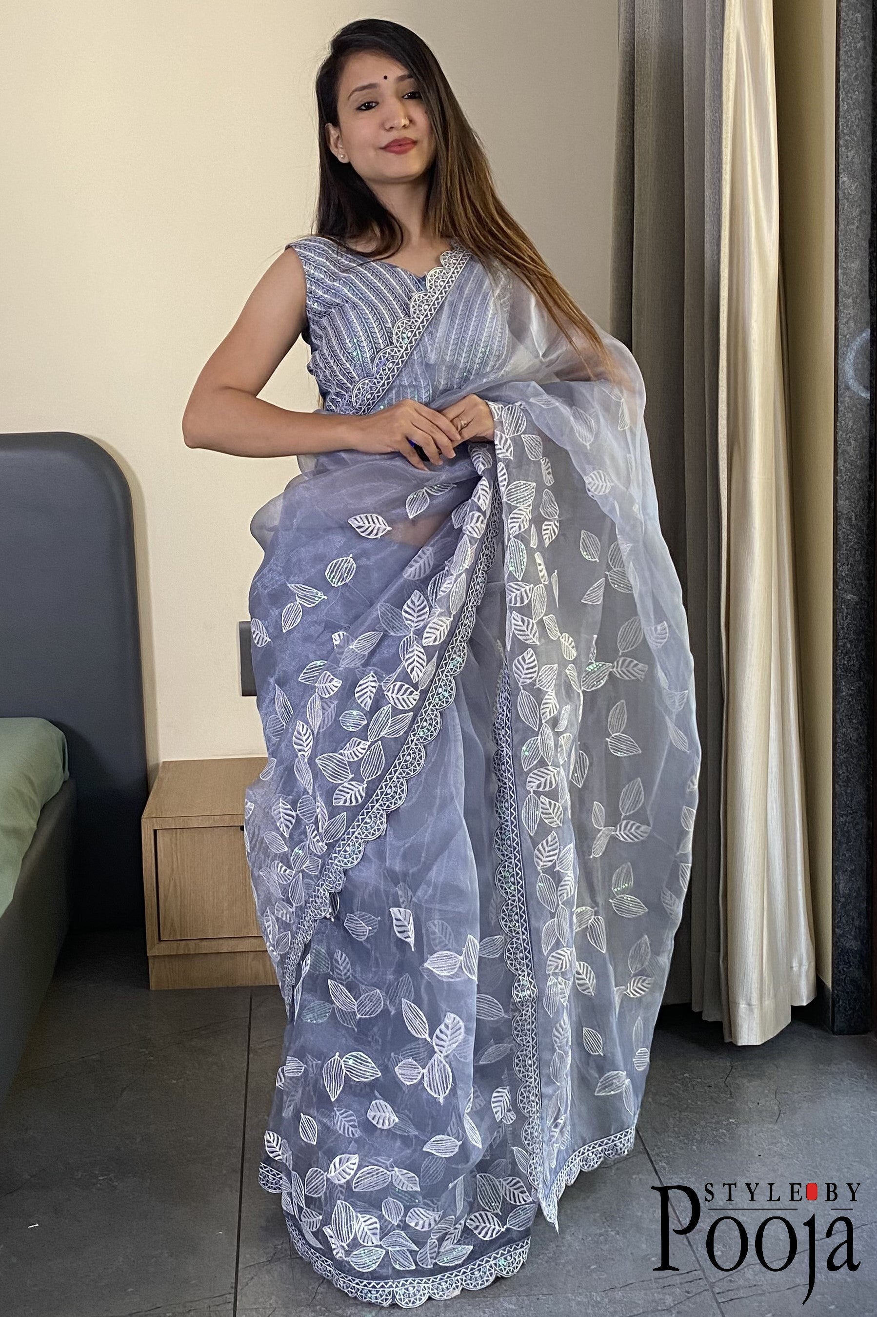 Premium Quality Leaf Designer Organza Saree