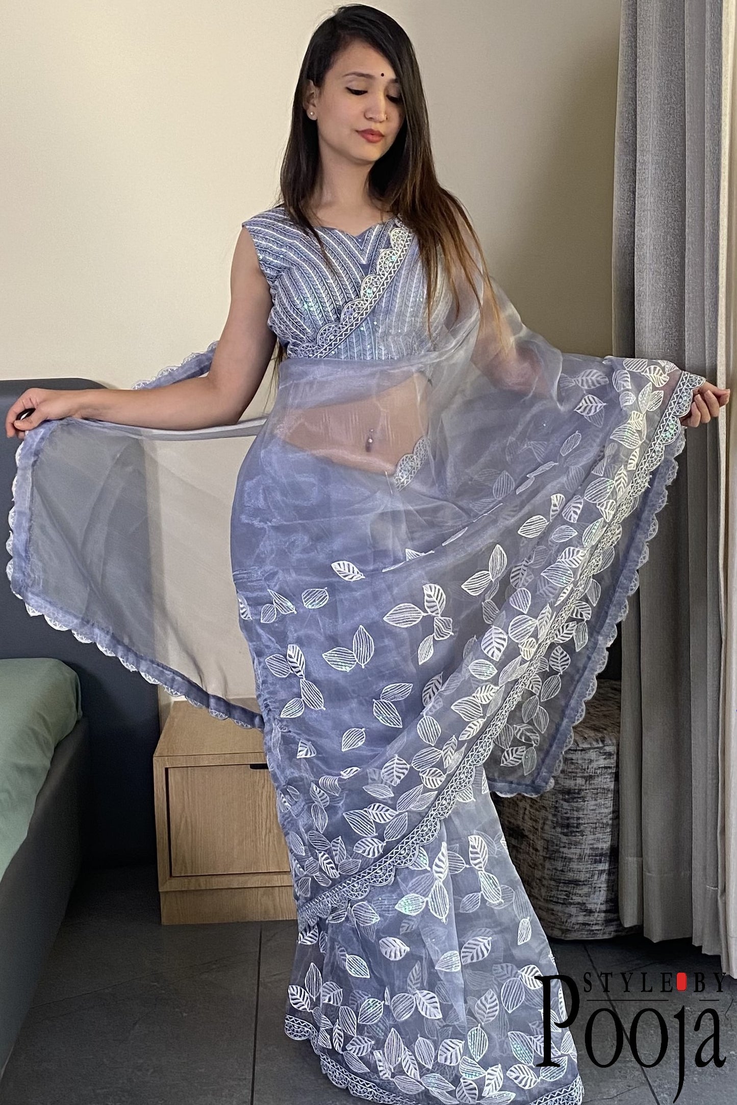 Premium Quality Leaf Designer Organza Saree