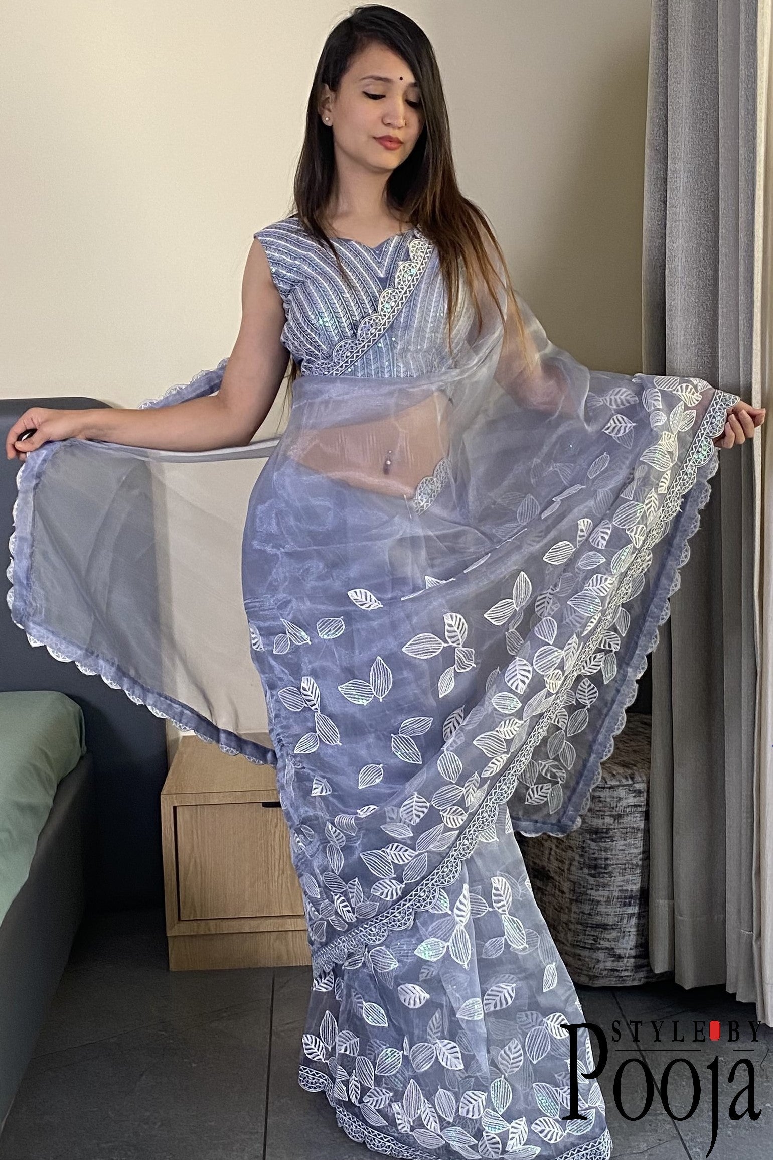 Premium Quality Leaf Designer Organza Saree