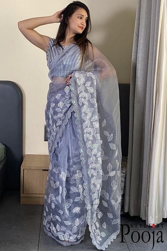 Premium Quality Leaf Designer Organza Saree