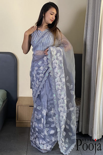 Premium Quality Leaf Designer Organza Saree