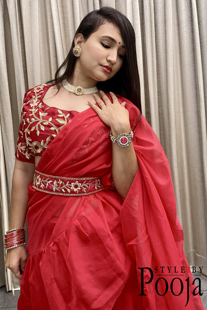 1 Min Ready to Wear Designer Party Wear Lehenga Saree with Stich Blouse With Embroidery Work