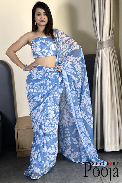 1 Min Ready to Wear Sky Blue Georgette Saree
