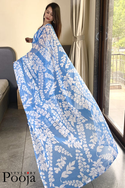 1 Min Ready to Wear Sky Blue Georgette Saree