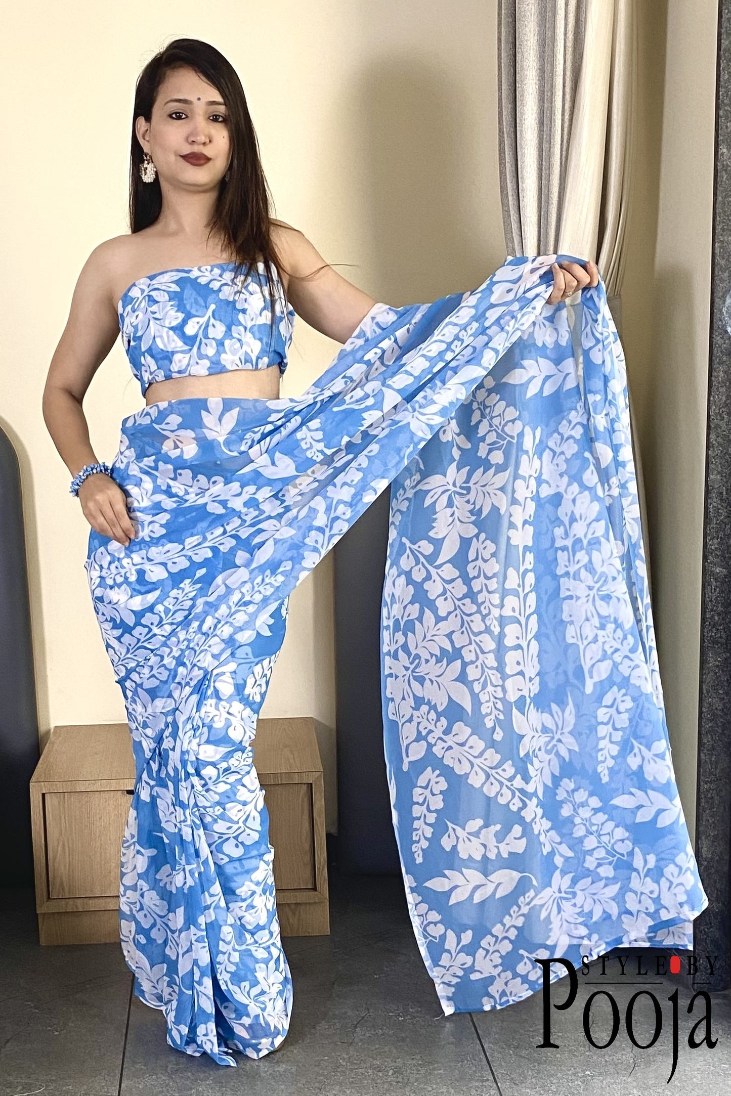 1 Min Ready to Wear Sky Blue Georgette Saree