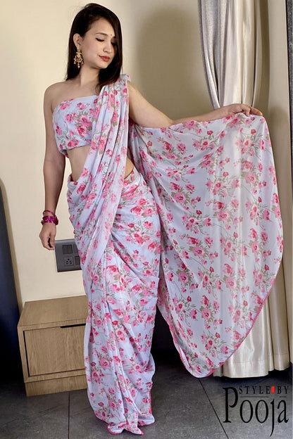 1 Min Ready to Wear White & Pink Printed Saree