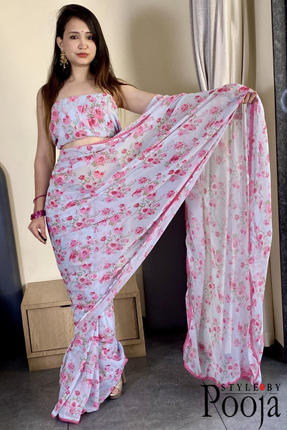 1 Min Ready to Wear White & Pink Printed Saree