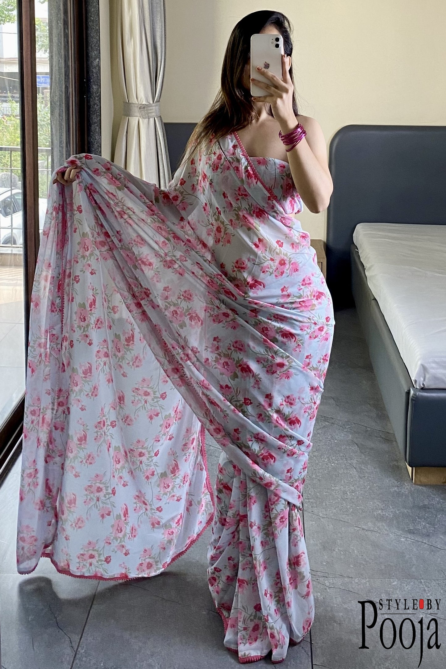 1 Min Ready to Wear White & Pink Printed Saree