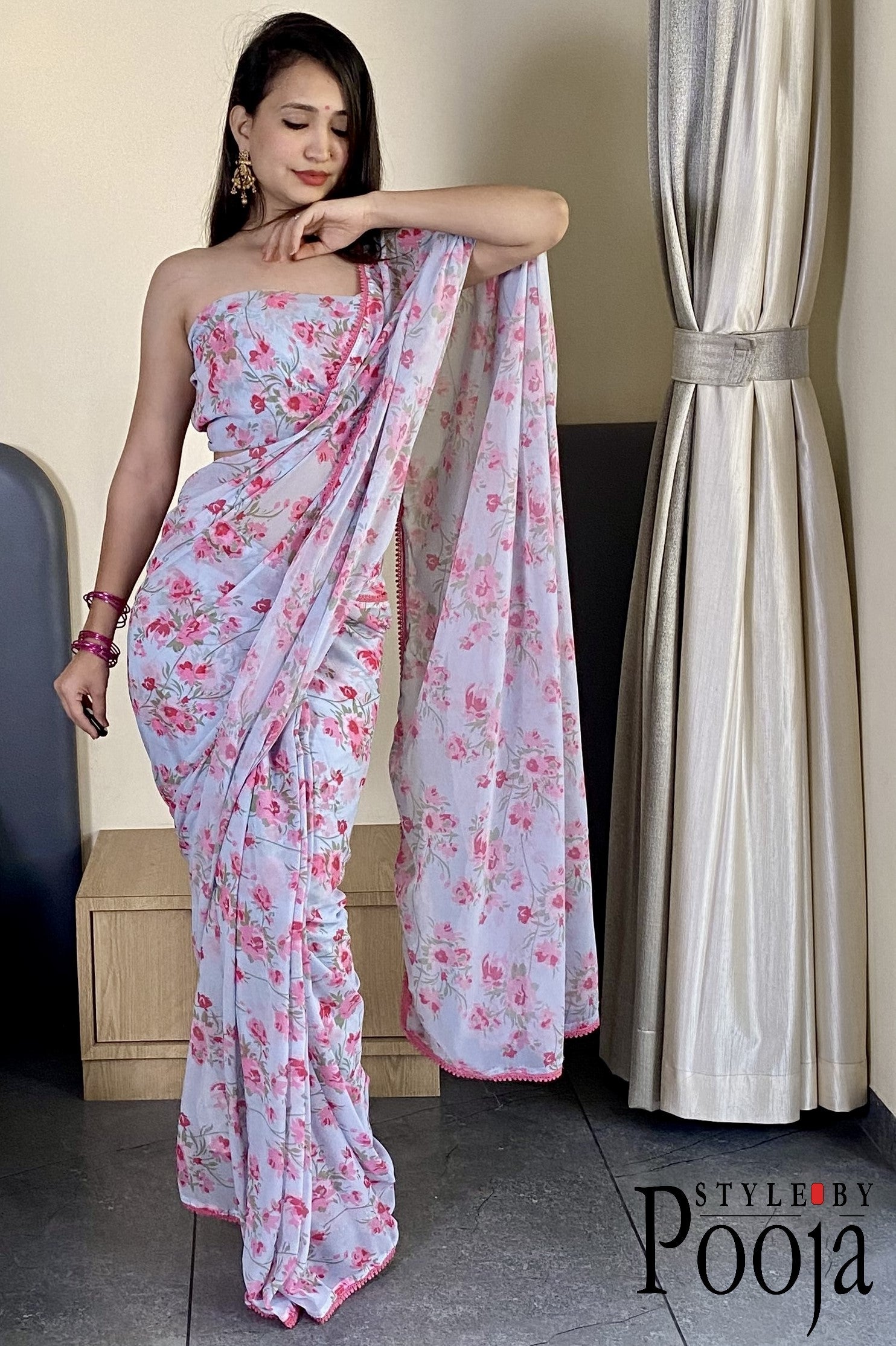1 Min Ready to Wear White & Pink Printed Saree