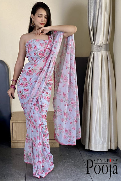 1 Min Ready to Wear White & Pink Printed Saree