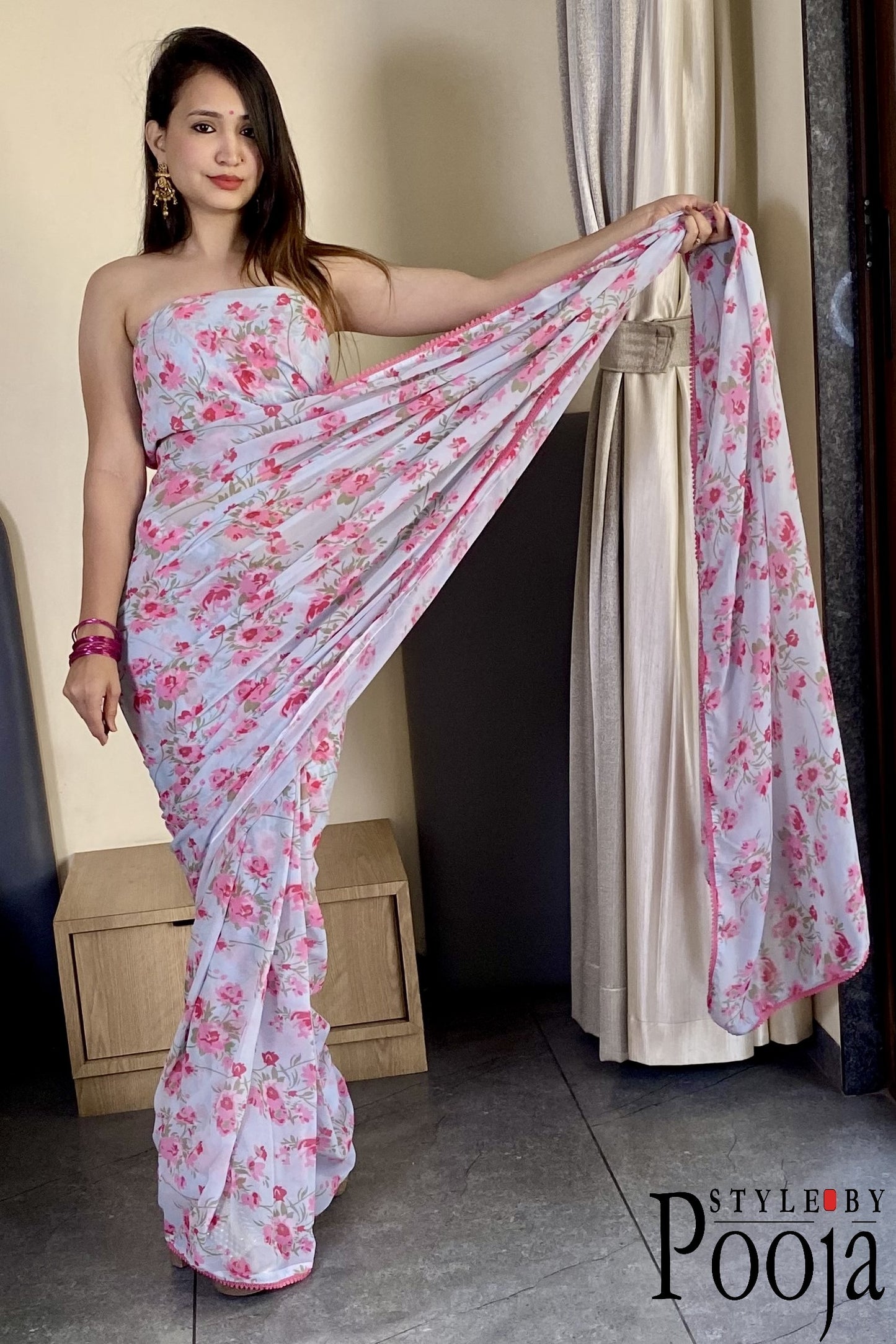 1 Min Ready to Wear White & Pink Printed Saree