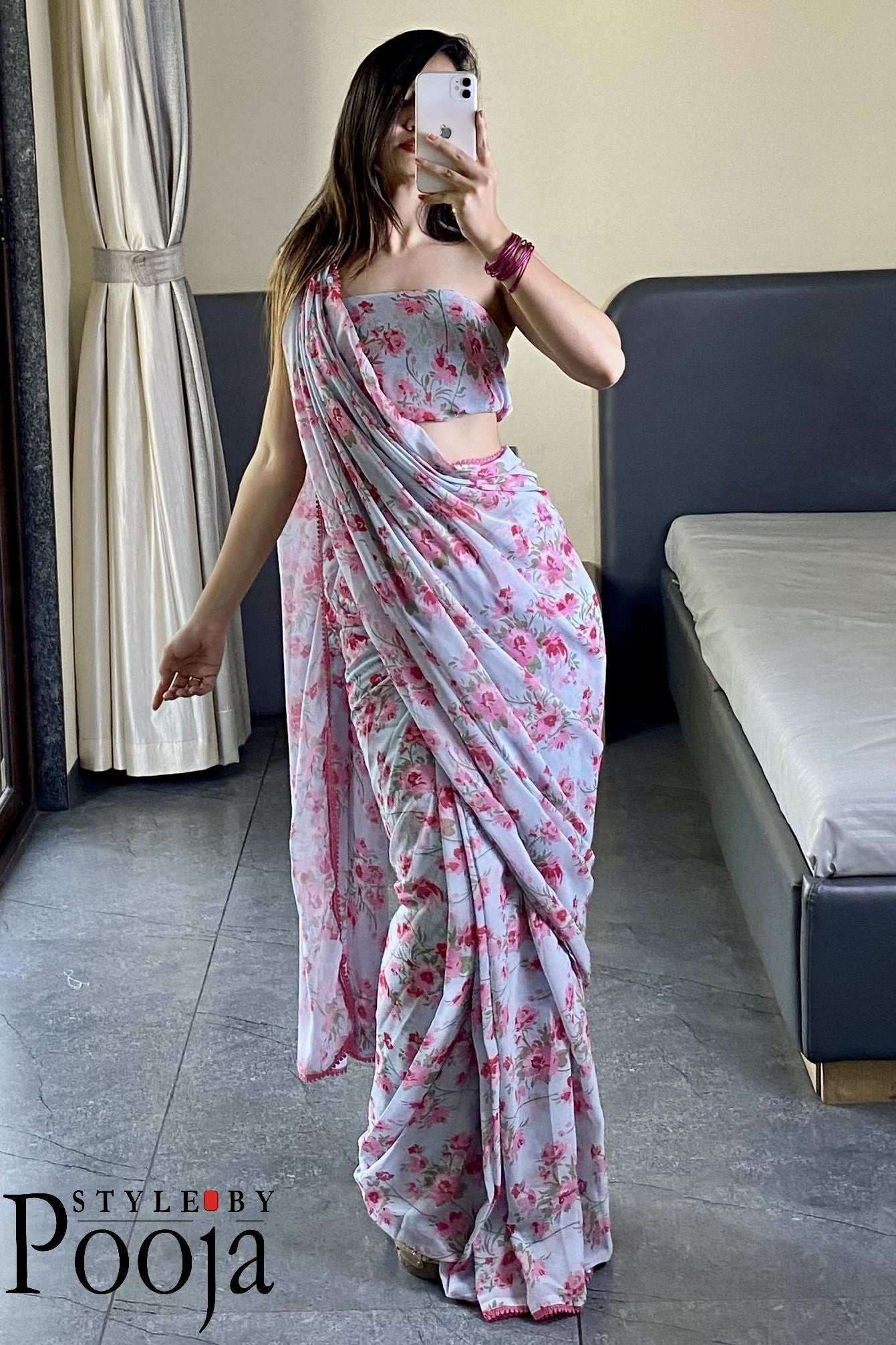 1 Min Ready to Wear White & Pink Printed Saree
