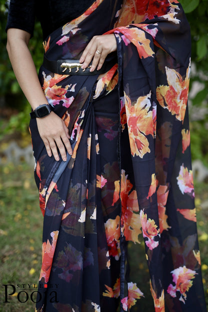 1 Min Ready to Wear Rashmika Mandana style Black Printed Saree