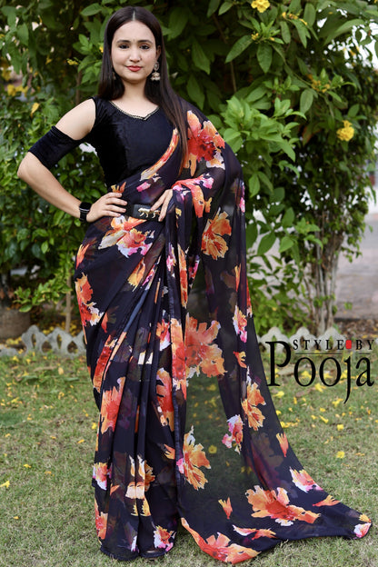 1 Min Ready to Wear Rashmika Mandana style Black Printed Saree